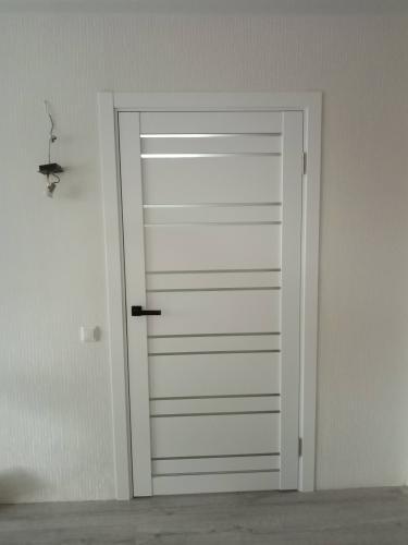 Установлена новая створка, врезаны петли, закреплён замок, смонтирована ручка, выполнена регулировка, зафиксирован наличник, проверена плавность хода, завершены отделочные работы.