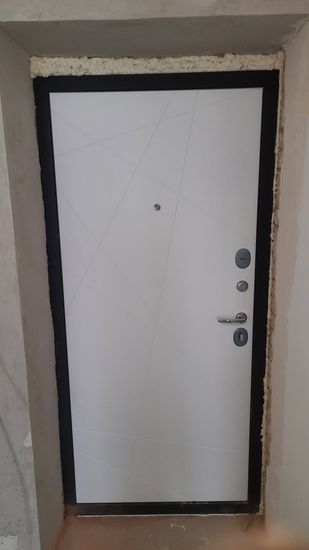 Установлена новая дверь: демонтирована старая конструкция, произведен монтаж рамы, закреплено полотно, выполнена герметизация швов, установлены замки и ручки, проверена функциональность.