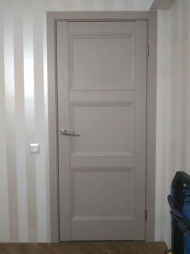 Установлена новая дверь: закреплена рама, навешено полотно, врезаны петли и ручка, отрегулированы зазоры, выполнена отделка наличниками, обеспечена плавная работа конструкции.
