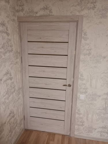 Установлена новая створка, закреплены петли, врезана ручка, отрегулированы зазоры, выполнена отделка наличниками, проверена плавность хода, обеспечена звукоизоляция, завершена установка.