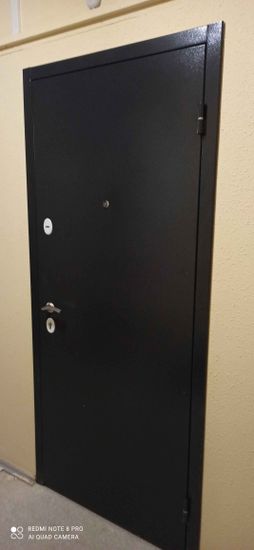 Установлена новая металлическая дверь, закреплены петли, врезан замок, отрегулирована фурнитура, проверена работа запорного механизма, проведена герметизация стыков.