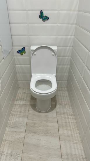 Установлен новый напольный унитаз, подключен к водопроводу и канализации, проверена герметичность соединений, произведена регулировка бачка, выполнена чистовая отделка.