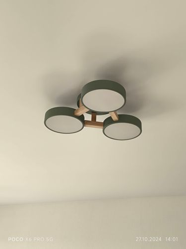 Установлено новое осветительное устройство на потолок, подключены провода, проверена работа, закреплены элементы. Обеспечена надежная фиксация и безопасное функционирование.