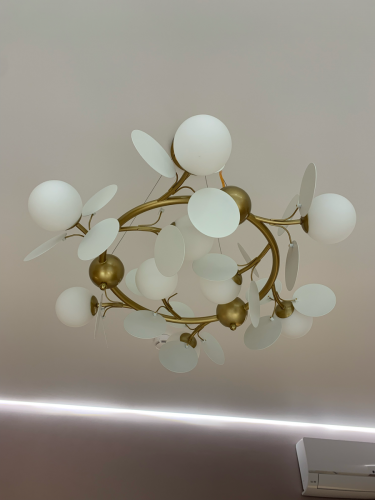 Установлено осветительное устройство на потолке, подключены провода, закреплены крепления, проверена работоспособность. Эстетично оформлено, обеспечено равномерное освещение помещения.