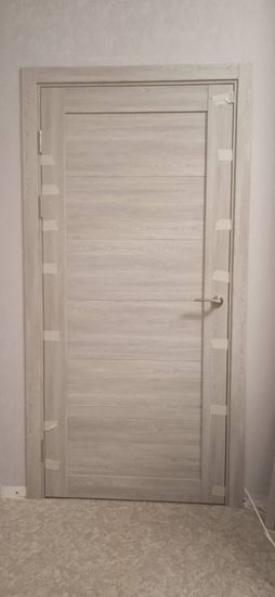 Установлена новая деревянная створка, закреплены петли, врезана ручка, отрегулированы зазоры, проверена плавность хода, выполнена отделка наличниками, обеспечена надежная фиксация.