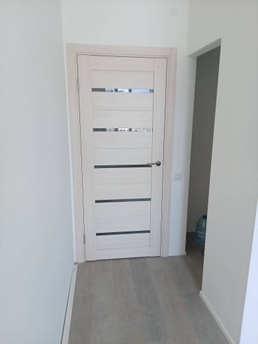 Установлена новая дверь с одной створкой, выполнена подгонка коробки, закреплены петли, врезана ручка, отрегулированы замки, обеспечена плавная работа, завершена отделка проема.