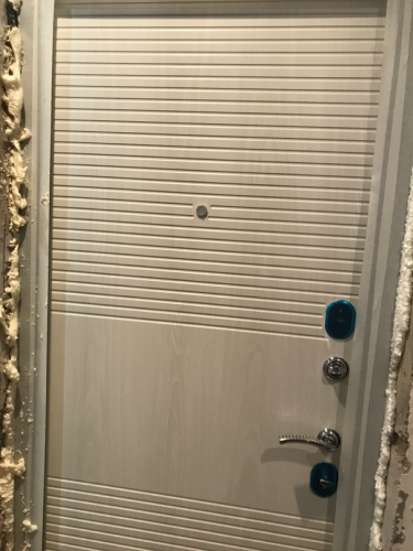 Установлена новая металлическая дверь, заменены замки, отрегулированы петли, улучшена изоляция, обновлено покрытие, устранены дефекты. Применена монтажная пена для герметизации.