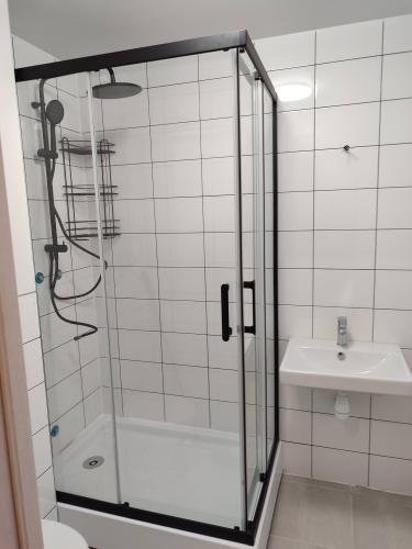 Установлена стеклянная кабина с дверями, закреплены металлические профили, подключен смеситель, герметизация швов, проверена работа системы слива, обеспечена надежная фиксация элементов.