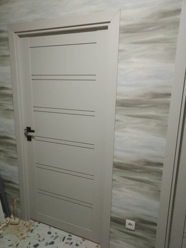 Установлена новая межкомнатная дверь с одной створкой, выполнена регулировка петель, закреплена ручка, произведена подгонка коробки, монтаж наличников, проверена плавность открывания.