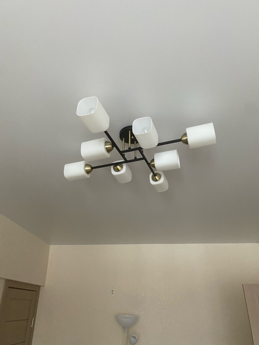 Установлено новое осветительное устройство на потолке, подключены провода, закреплена конструкция, проверена работоспособность. Обновленный интерьер с современным светильником.