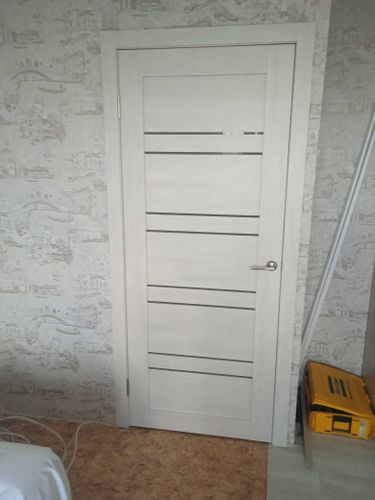 Установлена новая створка, закреплены петли, врезана ручка, отрегулированы зазоры, проверена плавность хода, произведена отделка наличниками, завершена финишная отделка проема.