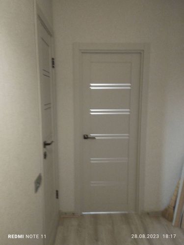 Установлена новая деревянная дверь с фурнитурой, выполнена подгонка по размеру проема, закреплены петли и ручка, обеспечена плавная работа механизма, завершена отделка наличниками.