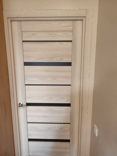 Установлена новая дверь: врезаны петли, закреплена коробка, смонтирована ручка, отрегулировано полотно, выполнена отделка наличниками.