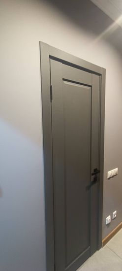 Установлена новая одностворчатая дверь, выполнены работы по монтажу коробки, навешены петли, закреплена ручка, отрегулировано полотно, обеспечена плавность закрывания, проверена функциональность.