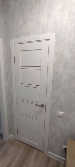 Установлена новая створка, закреплены петли, врезана ручка, отрегулированы зазоры, выполнена отделка наличниками, проверена плавность открывания и закрывания.