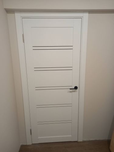 Установлена новая створка, закреплены петли, врезана ручка, отрегулированы зазоры, проверена плавность хода, завершена отделка откосов, обеспечена надежность конструкции.