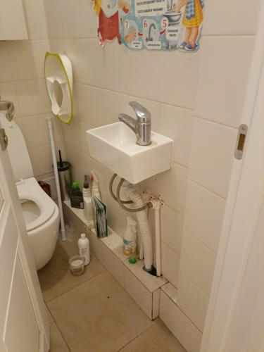 Изображение маленькой ванной комнаты с раковиной, краном и туалетом. На стене висит инструкция по мытью рук. На полу и полках расположены чистящие средства и аксессуары.