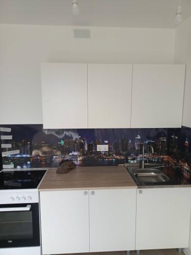 Установлены шкафы, закреплена столешница, подключена мойка и варочная поверхность, смонтирован фартук с городским пейзажем. Подключены розетки, завершена отделка.