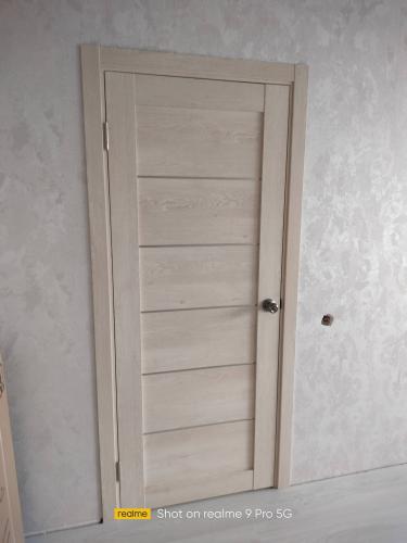 Установлена новая створка, закреплены петли, врезана ручка, отрегулированы зазоры, проверена плавность открывания, закреплён наличник, обеспечена звукоизоляция.