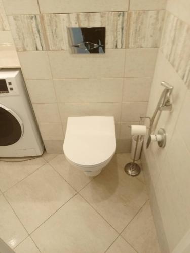 Изображена ванная комната с установленным унитазом, рядом стиральная машина и держатель для туалетной бумаги. Стены облицованы плиткой, пол выложен керамической плиткой.