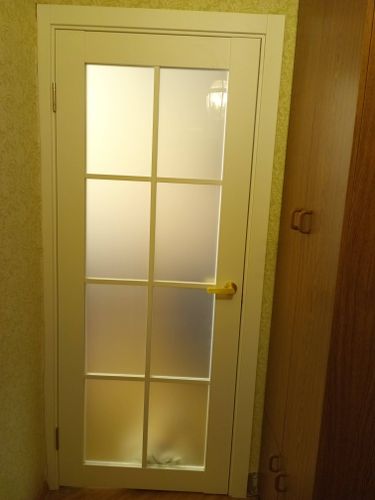 Установлена новая дверь с матовым стеклом, закреплены петли, врезана ручка, отрегулировано полотно, обеспечена плавность закрывания, завершена отделка проема, проверена надежность конструкции.