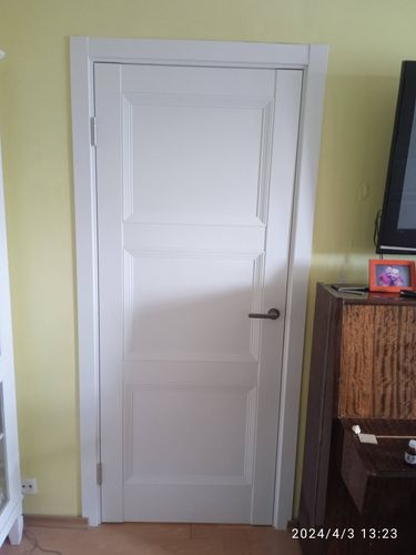 Установлена новая створка, закреплены петли, врезана ручка, отрегулирована коробка, зазоры устранены, наличники закреплены, проверена плавность хода, завершена отделка проема.