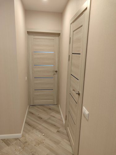 Установлена новая дверь: закреплены петли, врезан замок, отрегулирована коробка, навешено полотно, проверена работа ручки, устранены зазоры, выполнена отделка откосов.