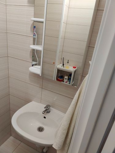 Установлен шкаф с зеркалом в ванной комнате. Закреплён на стене, выровнен, проверена надёжность крепежа. Внутри размещены полки для хранения. Эстетично вписан в интерьер.