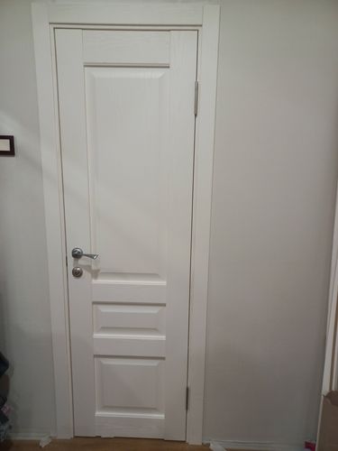 Установлена новая дверь: закреплены петли, врезан замок, прикреплена ручка, выровнена коробка, зафиксированы наличники, проверена плавность хода, обеспечена плотная посадка, завершена отделка.