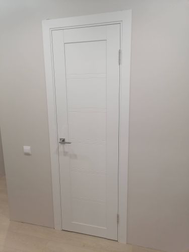 Установлена белая створка, закреплена фурнитура, отрегулированы петли, врезан замок, зафиксирована коробка, выровнены наличники, проверена плавность открывания.