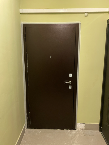 Установлена новая металлическая дверь, закреплены петли, врезан замок, отрегулирована конструкция, выполнена герметизация швов, произведена отделка откосов, проверена функциональность.