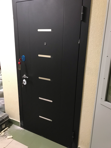 Установлена новая металлическая дверь, отрегулированы петли, заменены замки, обновлена фурнитура, устранены зазоры, улучшена звукоизоляция, проведена отделка откосов, проверена герметичность.