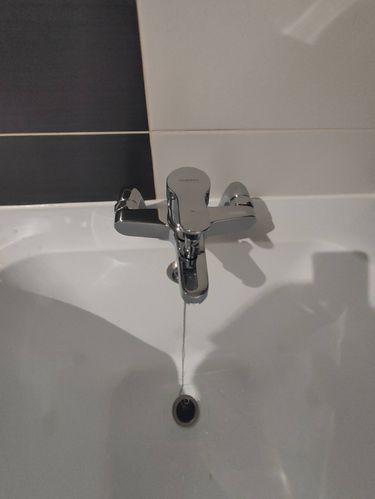 Установлена новая стальная ванна, подключены водопроводные трубы, смеситель закреплён, проверена герметичность соединений, произведена регулировка уровня, выполнена облицовка плиткой.