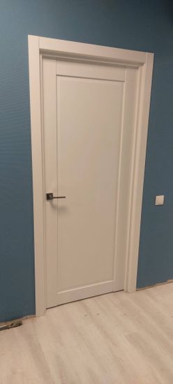 Установлена новая створка, закреплён короб, навешены петли, врезана ручка, отрегулированы зазоры, выполнена отделка наличниками, проверена плавность открывания.