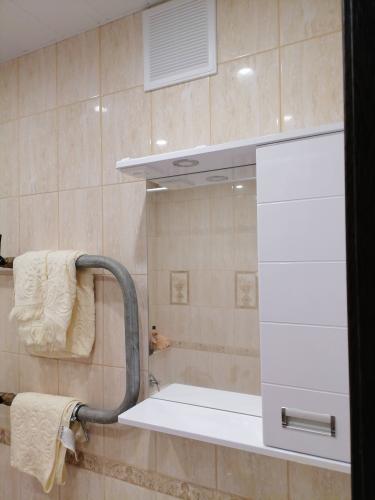 Зеркальный шкаф установлен на стене ванной комнаты, выровнен по уровню, закреплён надёжно, дверцы отрегулированы, обеспечена функциональность и эстетичность.