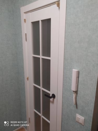 Установлена белая дверь с остеклением и черной ручкой, закреплена в проеме, отрегулированы петли, обеспечена плавная работа, завершены отделочные работы вокруг коробки.