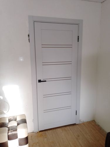 Установлена новая деревянная створка, закреплены петли, врезана ручка, отрегулирована фурнитура, выровнена коробка, заделаны щели, проверена плавность открывания, завершена отделка.