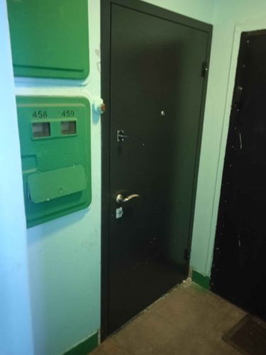 Установлена металлическая дверь, выполнено закрепление в проеме, отрегулированы петли, проверена работа замка и ручки, обеспечена плотность прилегания, завершена отделка откосов.