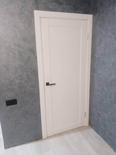 Установлена деревянная створка, закреплена в проеме, навешены петли, врезана ручка, отрегулированы зазоры, обеспечена плавность открывания, завершена отделка наличниками.