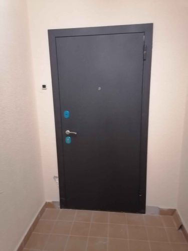 Установлена новая металлическая дверь, отрегулированы петли, заменены замки, улучшена звукоизоляция, обновлены уплотнители, проверена герметичность, устранены дефекты поверхности.