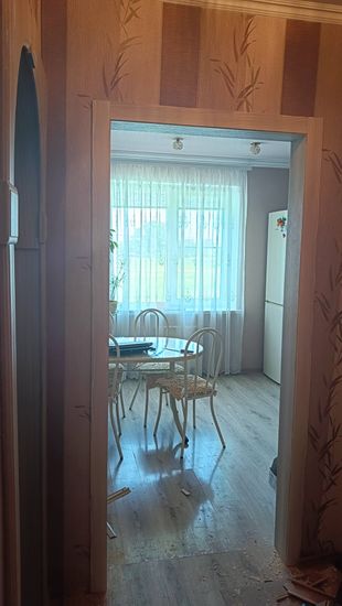 Установлена новая дверная коробка, закреплены петли, навешена створка, отрегулированы зазоры, врезан замок, проверена плавность открывания, убран мусор, завершена отделка проема.