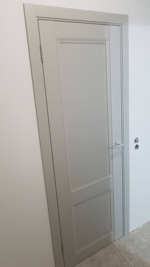 Установлена новая дверь: закреплён короб, навешено полотно, врезаны петли и ручка, отрегулированы зазоры, проверена плавность хода, выполнена отделка наличниками.