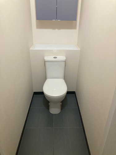 Стены санузла окрашены в светлый оттенок, создающий чистый и свежий вид. Поверхность гладкая и ровная, без видимых дефектов или пятен. Работа выполнена аккуратно и качественно.