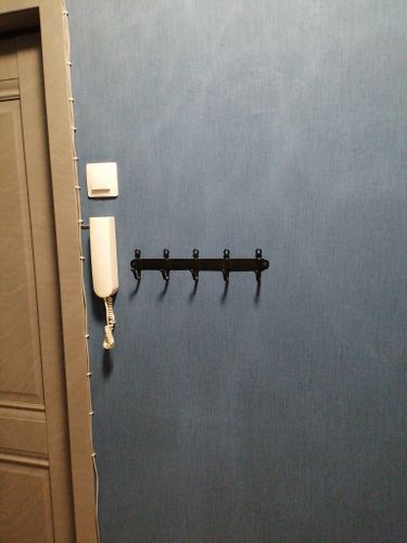 На стене закреплена металлическая вешалка с пятью крючками. Установлена рядом с выключателем и домофоном. Все элементы прочно зафиксированы, обеспечивая надежность конструкции.