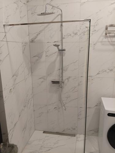 Установлены перегородки, облицованные плиткой, в душевой зоне. Смонтированы душевые аксессуары и стеклянная панель. Завершены работы по гидроизоляции и отделке стен.