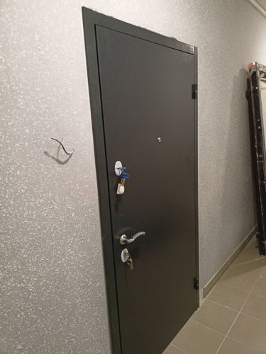 Установлена металлическая дверь, закреплены петли, врезан замок, ручка прикреплена, проверена работа ключа, откосы обработаны, поверхность очищена от строительной пыли.