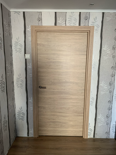 Установлена новая деревянная дверь, закреплены петли, врезан замок, отрегулирована фурнитура, выполнена подгонка по проему, обеспечена плавная работа, проверена надежность конструкции.