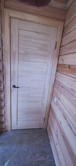 Установлена новая деревянная дверь с петлями и ручкой. Проведена подгонка полотна в проем, закреплены наличники, обеспечена плавная работа механизма. Завершено оформление откосов.