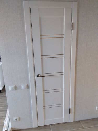 Установлена новая створка, закреплены петли, врезана ручка, отрегулирована фурнитура, произведена подгонка по уровню, обеспечена плавность закрытия, завершена отделка проема.