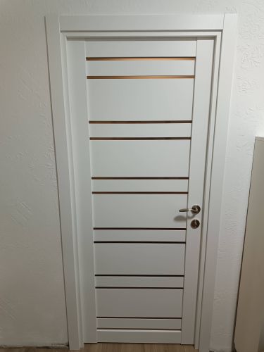 Установлена новая межкомнатная дверь с одной створкой, выполнена подгонка, закреплены петли, врезан замок, прикручена ручка, проведена регулировка, завершена отделка наличниками.